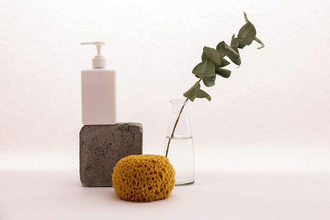 Minimalist still life composition with natural scalp care items: white soap dispenser, natural sponge, and glass vase with eucalyptus.