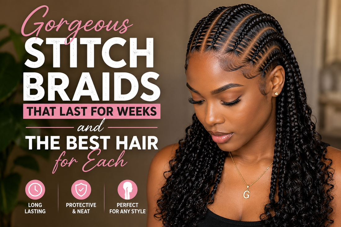 Black woman with sleek stitch braids and curly ends beside bold cover text reading “Gorgeous Stitch Braids That Last for Weeks and the Best Hair for Each.”
