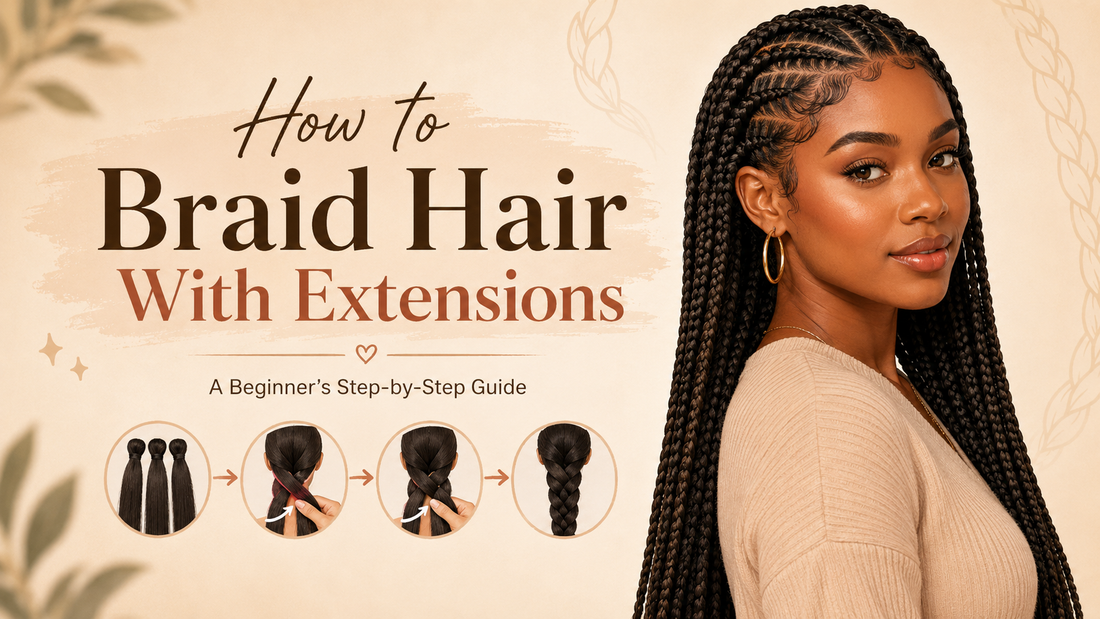 Cover image showing a Black woman with long braided extensions beside a simple step-by-step braid illustration and the title “How to Braid Hair With Extensions: A Beginner’s Step-by-Step Guide.”