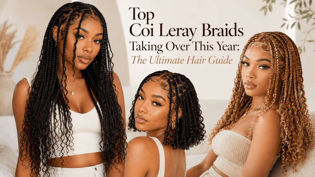 Three Black women model different Coi Leray braid styles for a hair guide cover, including long black braids, a short braided bob, and honey blonde braids with curly ends. 