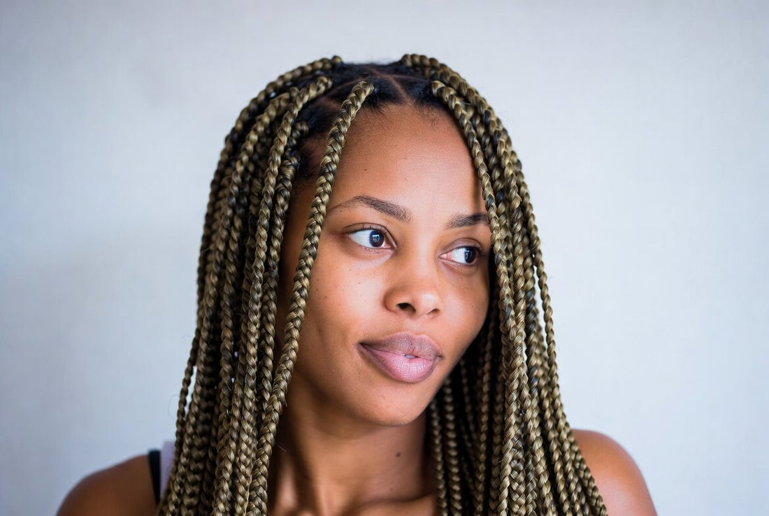 Close-up portrait of a young woman with long blonde-highlighted box braids looking to the side.