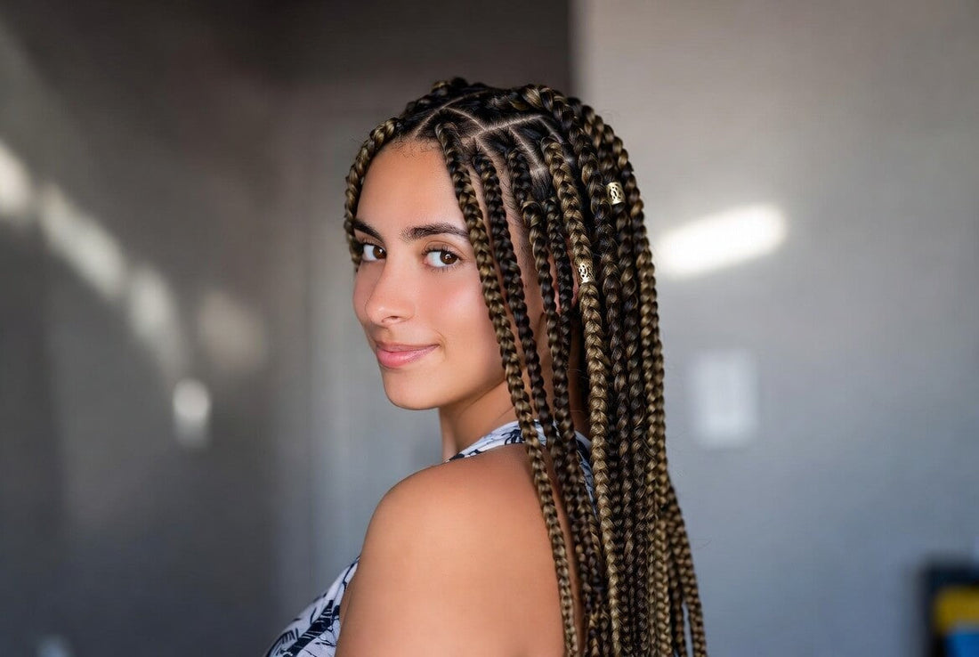 Close-up portrait of a young woman with long medium knotless box braids in dark brown and blonde highlights, adorned with small gold hair charms. She is smiling softly while looking over her shoulder in a bright indoor setting.