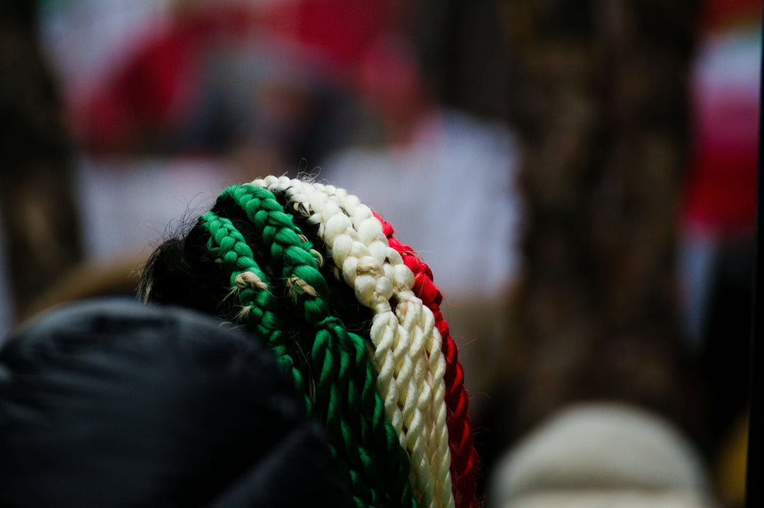Close-up of colorful plaited braids in green, white, and red, viewed from the back.