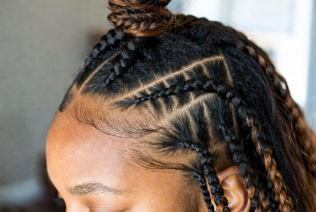 Detailed view of pre-stretched knotless braids styled in an intricate updo with cornrow base.