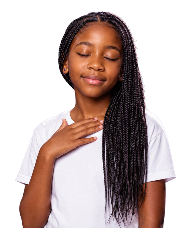 Young girl with long jet black braids, hand on chest, content and comfortable